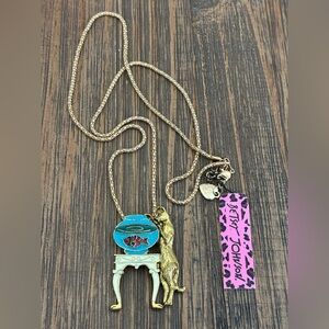 Betsey Johnson Gold-tone Cat Necklace with Blue Enamel Fishbowl